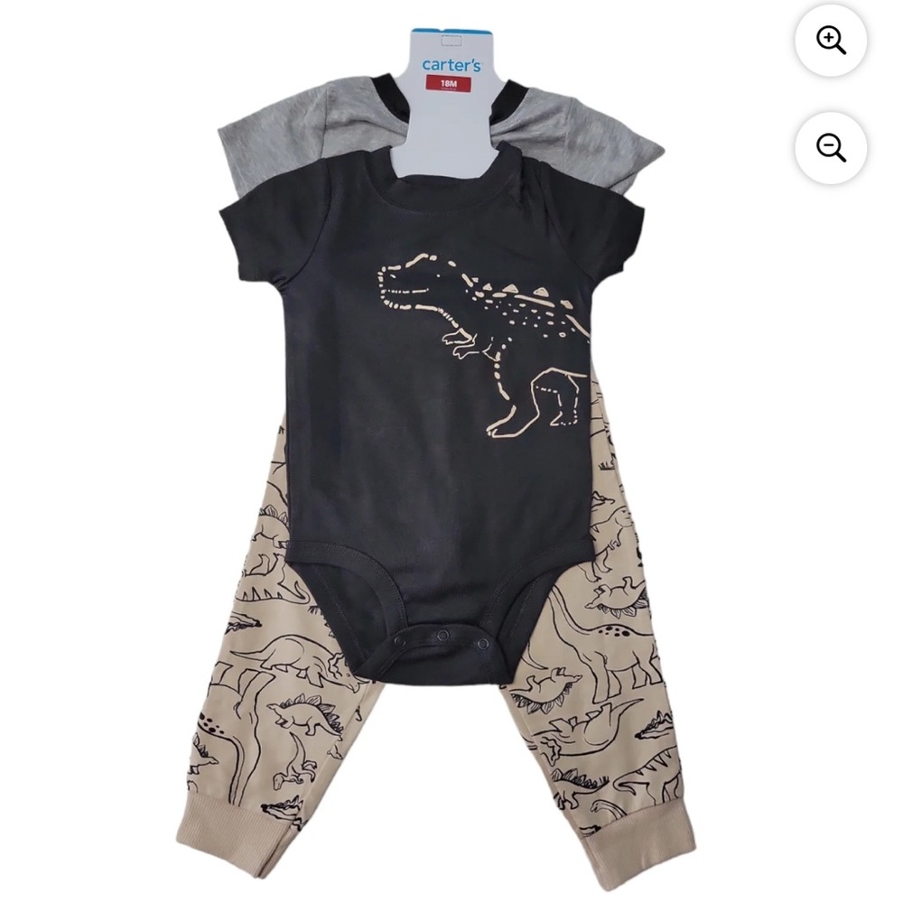 🌴Carter's Black and Tan Dinosaur 3 Piece Outfit Set Size 12mo